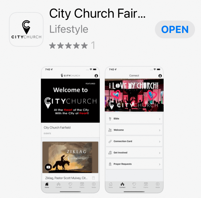 Screenshots of the City Church Fair app showing event details and menu options.