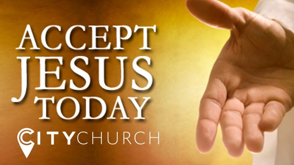 A hand reaching out with text about accepting Jesus today from a church.